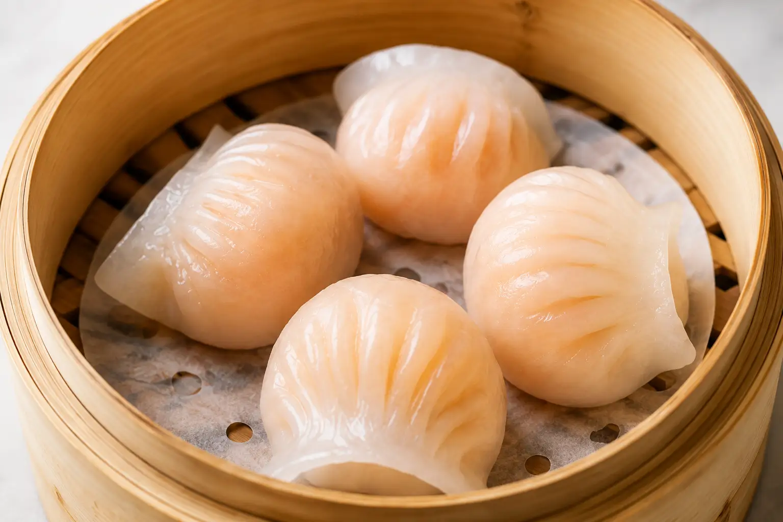Steamed shrimp har gow dumplings in a bamboo steamer