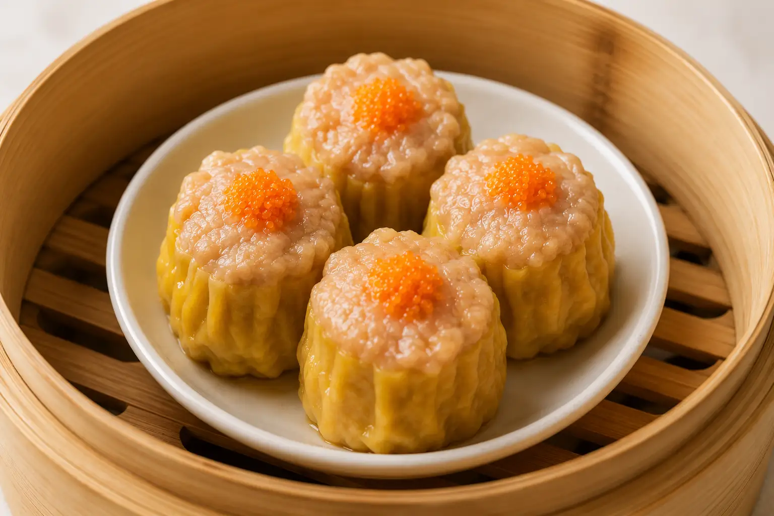 Hong Kong style pork and shrimp siu mai with orange roe garnish