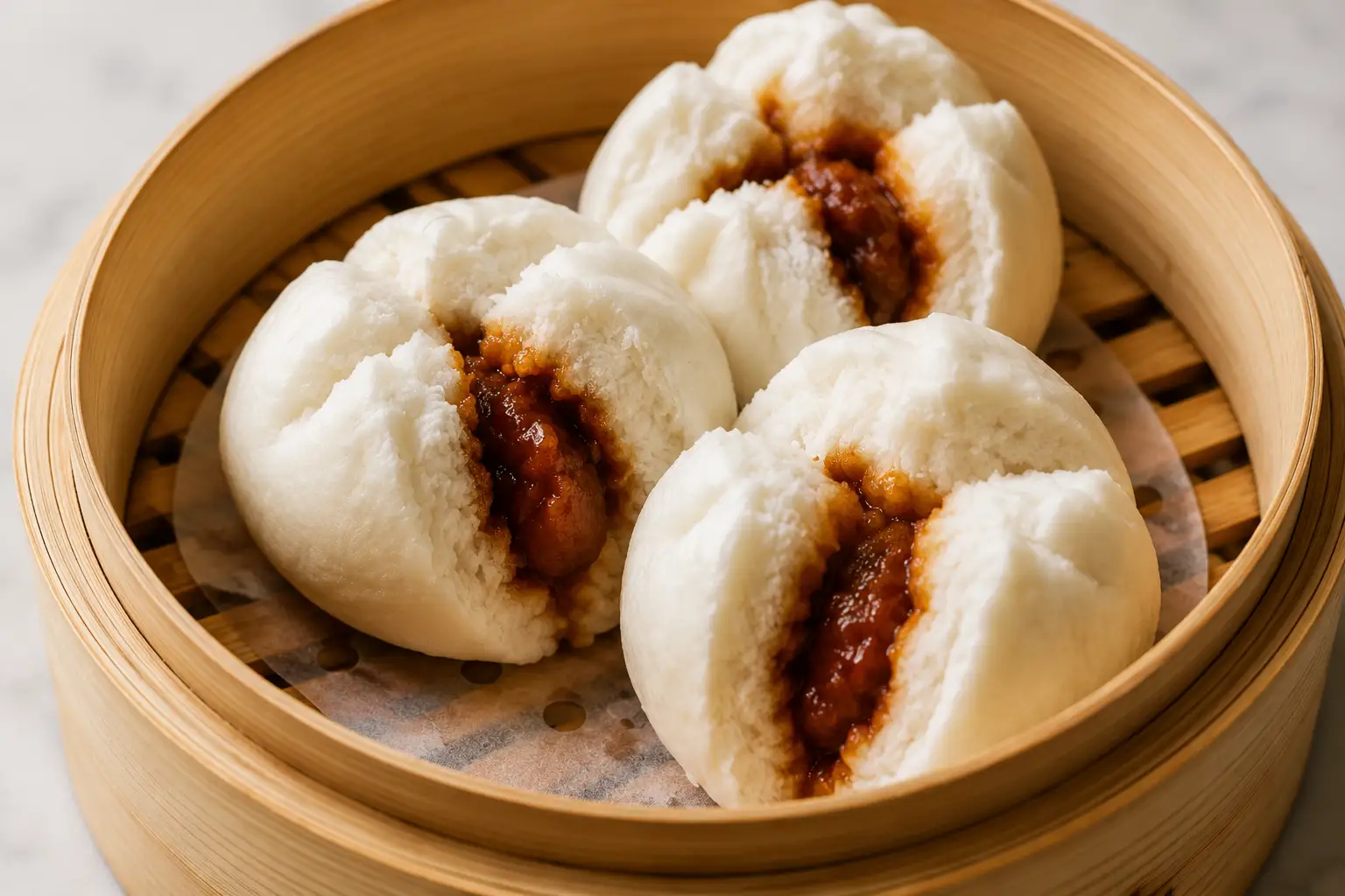 Steamed BBQ pork buns filled with Cantonese char siu pork