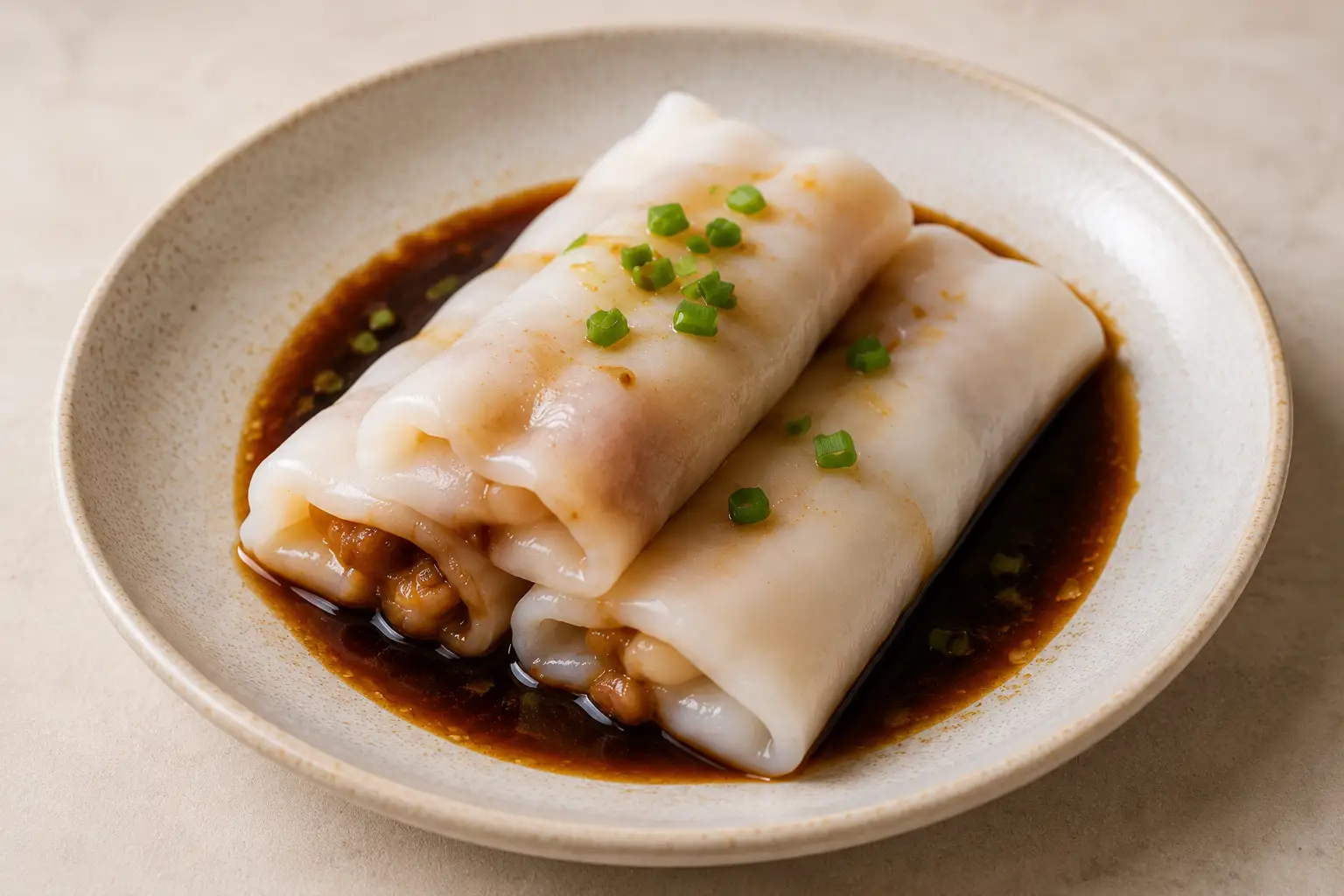 Shrimp cheung fun rice noodle rolls with soy sauce