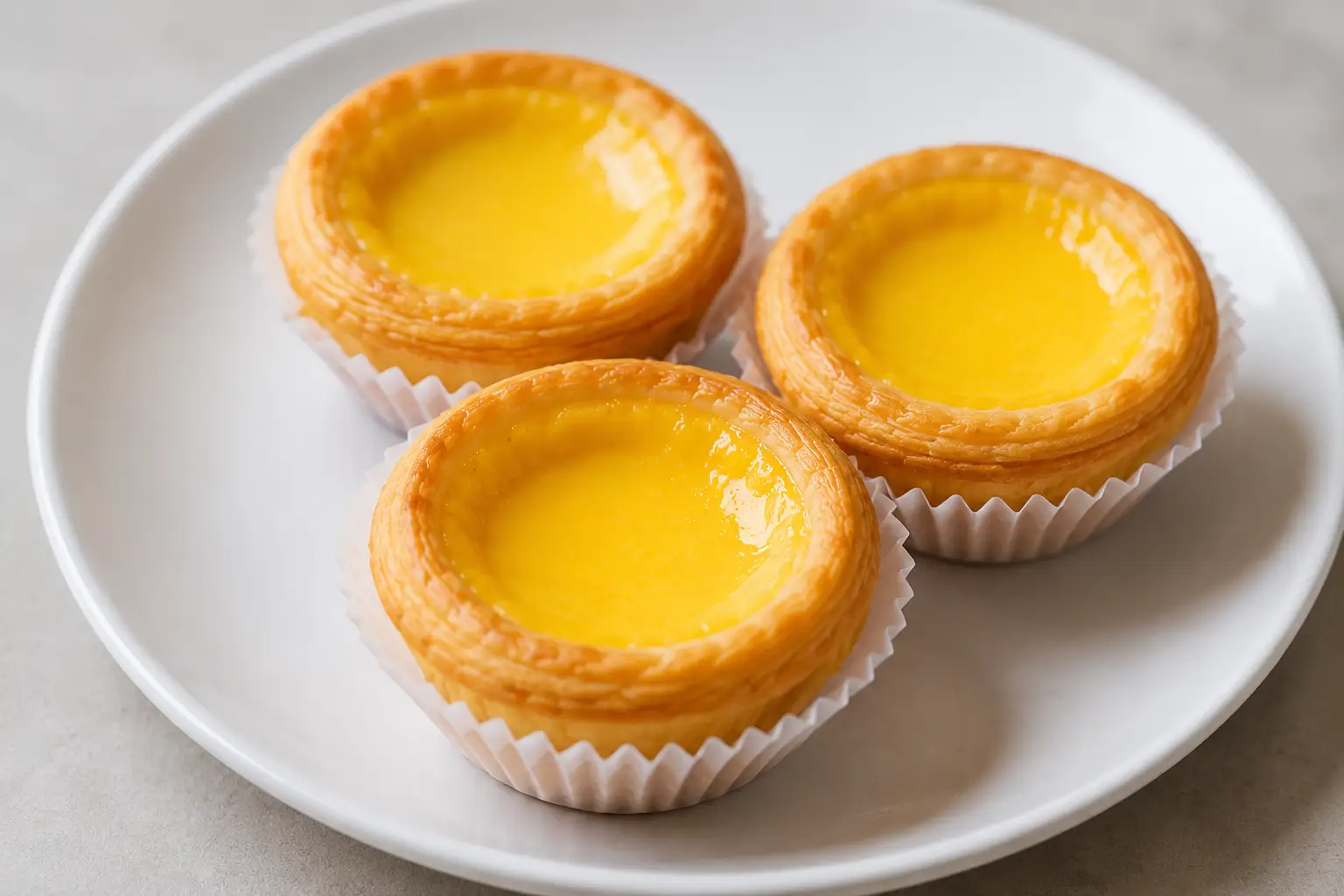 Hong Kong egg tarts with glossy yellow custard on a white plate